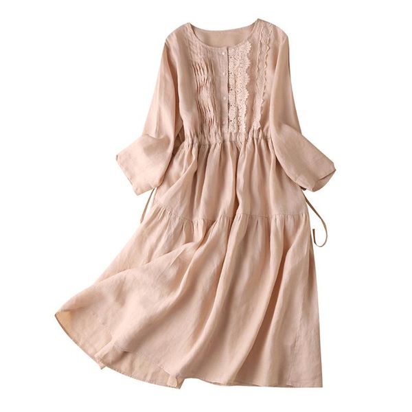 

casual dresses shuchan vintage linen summer dress women mid-calf patchwork lace spring/autumn o-neck a-line three quarter sleeve, Black;gray