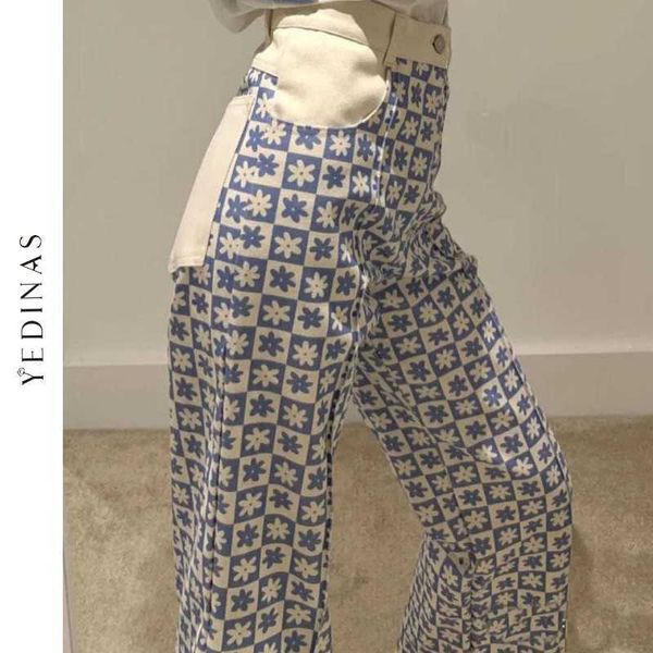 Yedinas Vintage Çiçek Ekose Pantolon Kadın Kore Patchwork Düz Harem Bayanlar Yüksek Bel Pantolon Japon Streetwear 210527