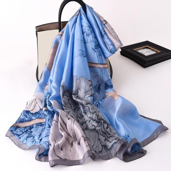 

scarves floral print sun protection women scarf imitation silk long smooth beach shawl for home, Blue;gray