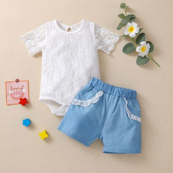 

focusnorm 0-24m newborn baby girls clothes sets lace floral short sleeve romper shorts 2pcs outfits, White