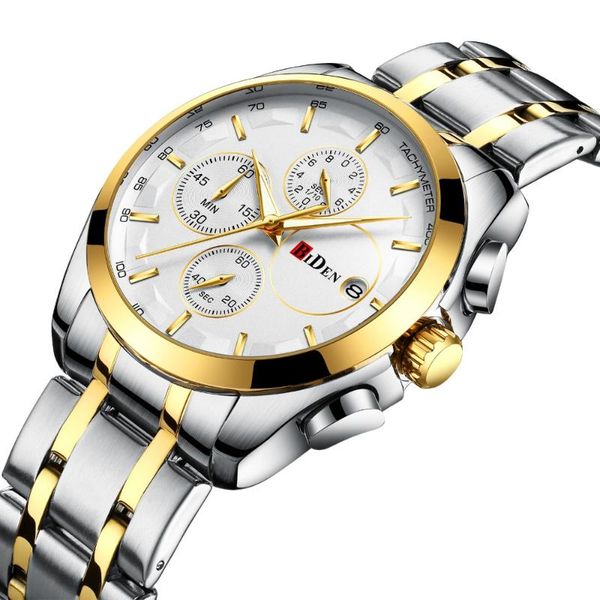

wristwatches classic business mens watches quartz clock 3 dials 6 hands calendar stainless steel strap fashion wristwatch, Slivery;brown