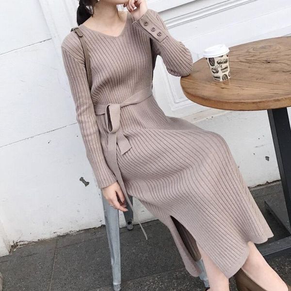 

casual dresses elegant knitted split midi dress 2021 autumn women sweater button long sleeve bodycon strappy vestidos de mujer, Black;gray
