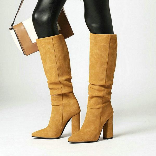 

boots faux suede women knee high fashion pointed toe square heel ladies winter slip on female shoes black yellow gray