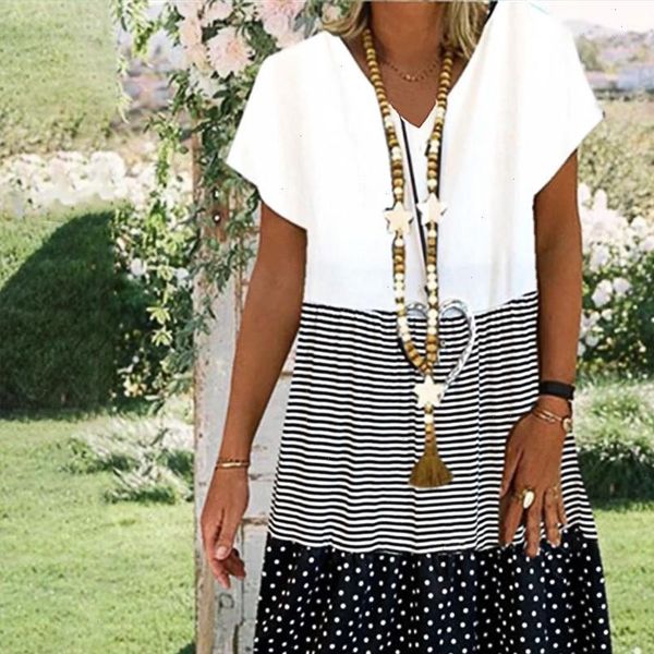 

fashion women summer dresses casual loose stripe dot patchwork v neck short sleeves loose dress women beach dresses vestidos, Black;gray