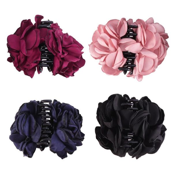 

hair clips 4pcs large fabrics rose flower bow jaw clip barrette for lady (red + black navy +)