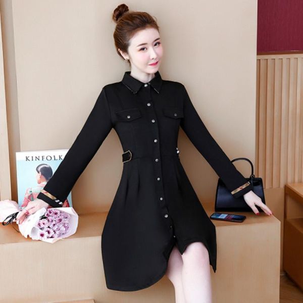 

casual dresses plus size dress 2021 korean spring fashion lapel long sleeve was thin single-breasted temperament, Black;gray