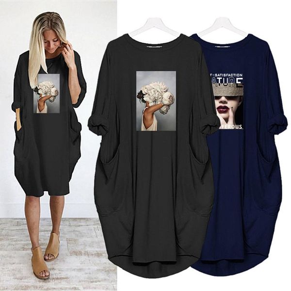 

casual dresses art girl print plus size women dress pocket fashion o neck long sleeve robe vestidos loose streetwear, Black;gray