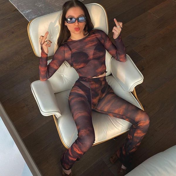 

mesh sheer printing high waist slim long sleeve crop pants matching sets night club party rave festival y2k clothing, White