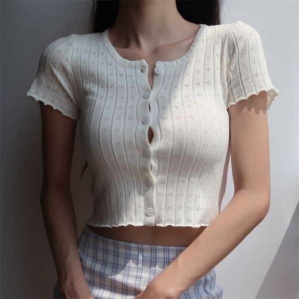 

women o neck button through crop with lettuce trim 210306, White