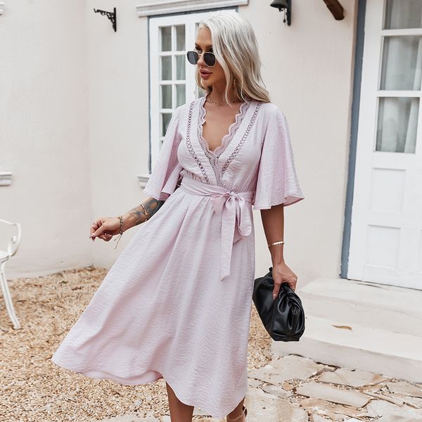 

2021 new lace patchwork women elegant flare sleeve high waist bandage bow a-line midi dresses deep v-neck ladies summer dress 4dsl, Black;gray