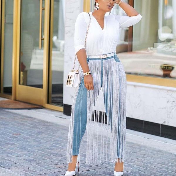 

women's jeans fashion tassels womens denim skinny elastic high waist pencil pants plus size ankle- length trousers blue
