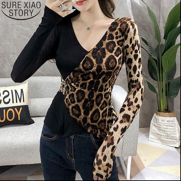 

women blouse fashion leopard shirt women spliced mesh v neck 2021 ladies long sleeve shirt plus size 6241, White