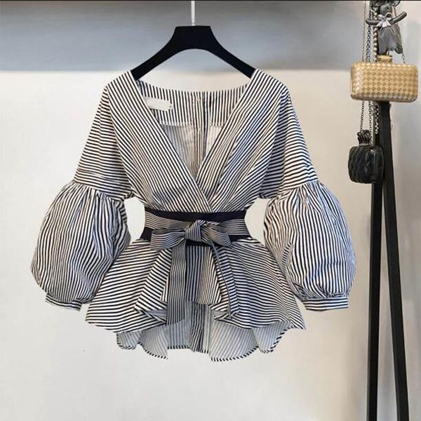 

lantern sleeve blouse shirt women 2021 fashion korean style summer bow v neck striped shirt elegant ladies female clothing, White