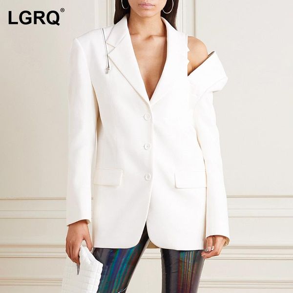 

women's suits & blazers [lgrq] women white zipper casual blazer notched neck long sleeve loose fit jacket fashion tide spring autumn 20, White;black