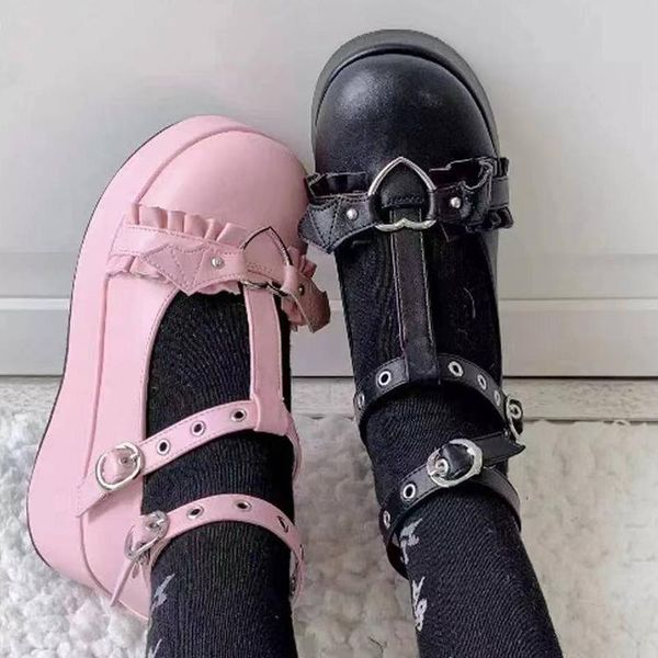 

dress shoes woman punk gothic cosplay rimocy sweet heart buckle wedges mary janes women pink t-strap chunky platform lolita 43, Black