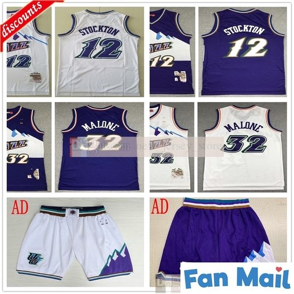 

retro basketball karl 32 malone jerseys purple white john 12 stockton basketball short jersey shirt, Black;red