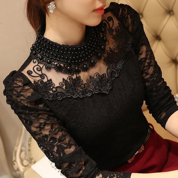 

womens clothing elegant long sleeved beaded womens lace shirt crochet shirt mesh shirt womens clothing s 5xl drop shipping, White