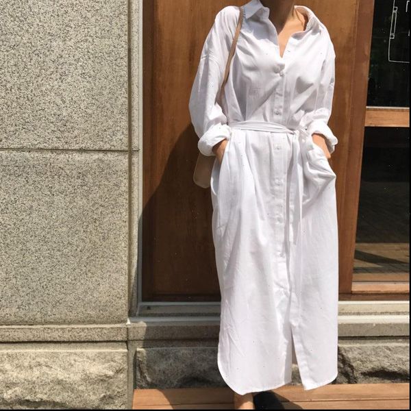 

2021 new autumn fashion tide white turn down collar long sleeve single breasted pockets sashes woman dress sa991, Black;gray