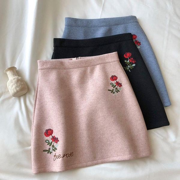 

skirts ins retro rose embroidery skirt for women autumn and winter, Black