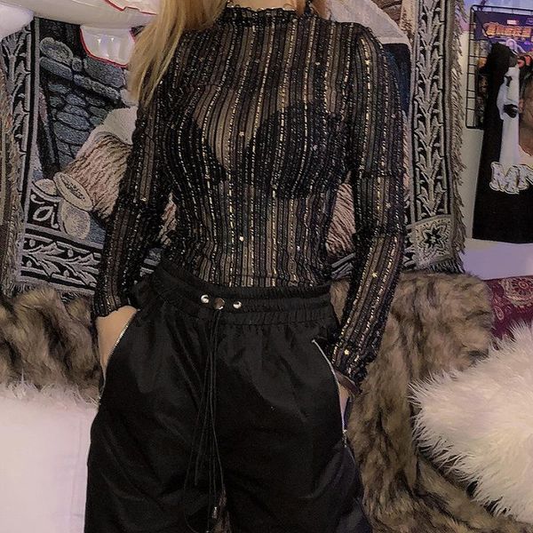 

women's jumpsuits & rompers meyoung see through bodysuit women jumpsuit long sleeve body femme elegant overalls outfits winter club chr, Black;white
