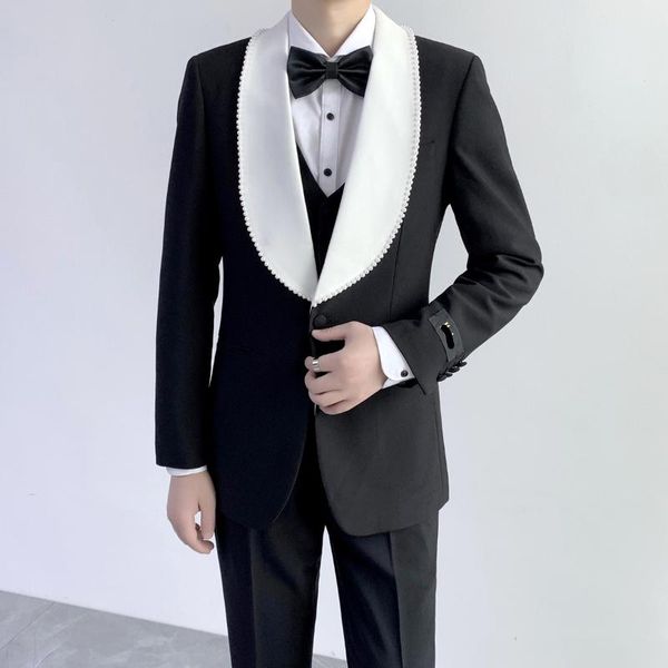 

men's suits & blazers pearl beaded collar luxury tuxedo groom for men wedding elegant gentleman retro dress party dinner set banquet bl, White;black