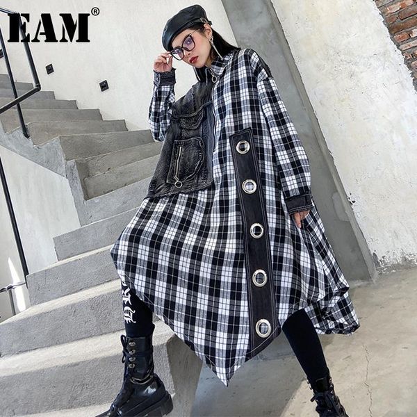 

casual dresses [eam] women black plaid denim irregular oversized dress lapel long sleeve loose fit fashion tide spring autumn 2021 1de1072, Black;gray