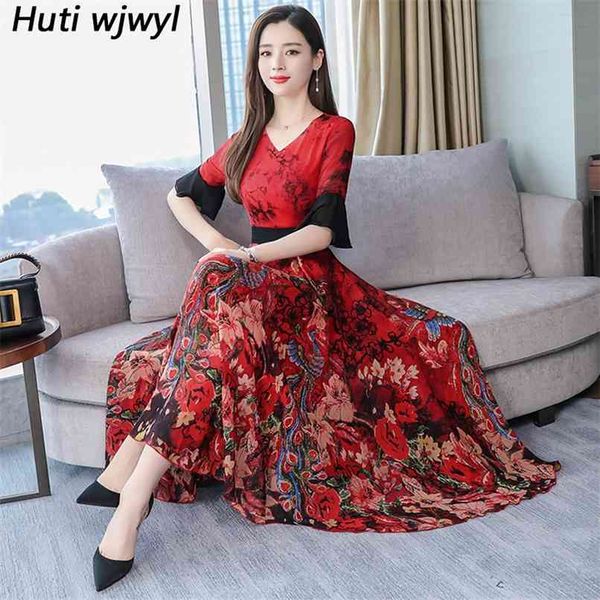 

red floral chiffon beach dresses summer vintage 3xl plus size print boho maxi sundress elegant women bodycon party vestidos 210528, Black;gray