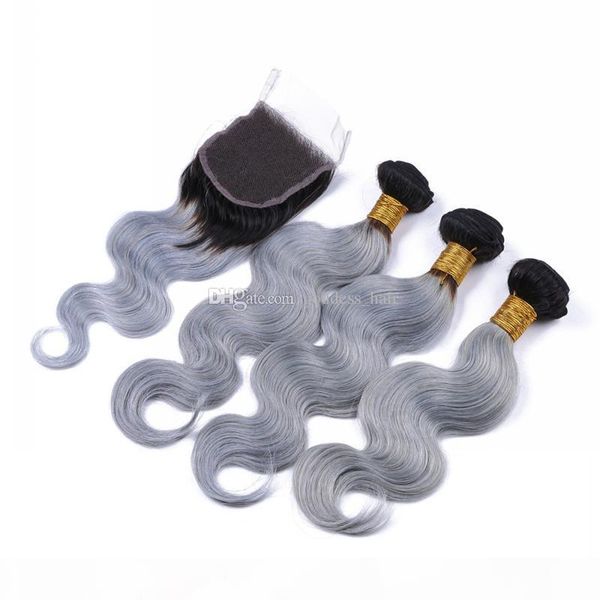 

new arrival #1b gray lace closure with bundles body wave silver grey hair weave gery ombre hair with closure middle three part, Black