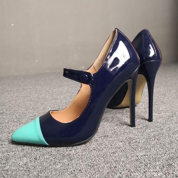 

handmade womens real ps high heeled dress shoes mary janes patchwork leather pointed-toe evening party prom fashion court pumps d555, Black