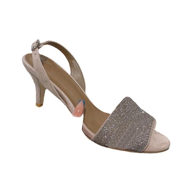 

sandals 2021 summer women's sandalias luxury shallow kitten heel pumps rhinestone decor concise style female high heels, Black