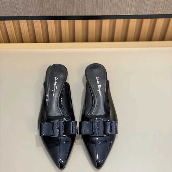 

sf new leather flat sole single shoes bowknot flat heel fairy pointed soft sole sandals open heel slippers zlh, Black