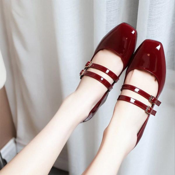 

dress shoes spring autumn women double buckle mary janes patent leather high heels pumps retro ladies shoe black red 8962c