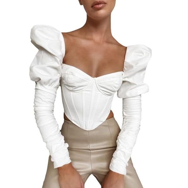 

women vintage puff long sleeve t shirts square neck slim corset crop 28gd, White