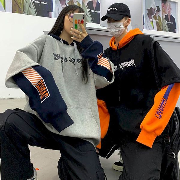 

more elvet female male hoodies korean style ins harajuku fake loose letter print from two couple pieces student sweater tide nbbj, Black