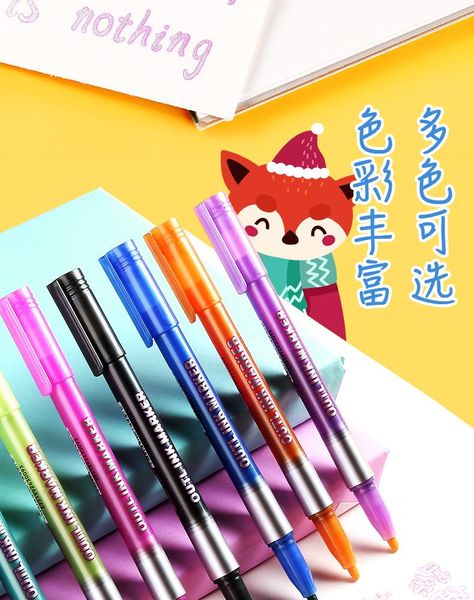 

highlighters contour pen korean student diy hand account double line thick highlighter flash candy color marker art supplies, Black;red