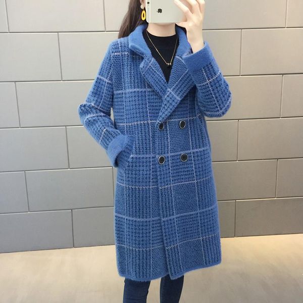 

fashion korean style long wool coat women streetwear plaid plus size outwear 2021 new autumn ladies turndown collar woolen coats, Black