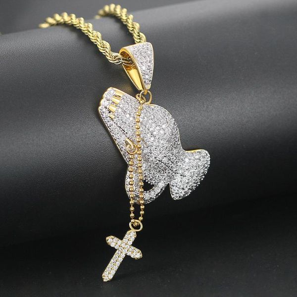 

pendant necklaces hip hop praying hand for men women gold color rapper iced out charm jewelry necklace chain on the neck ohp016, Silver