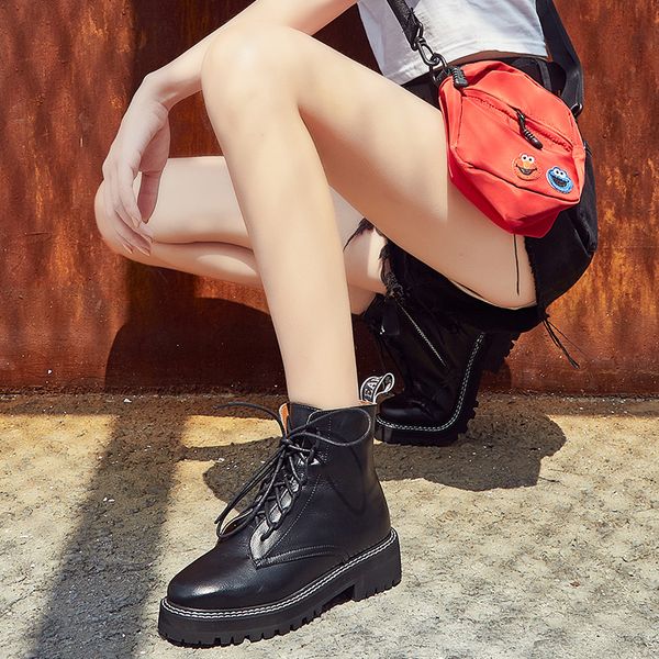 

boots female 2022 genuine leather women booties lace up white winter women shoes non-slip girl martin boots 5color 34-42, Black