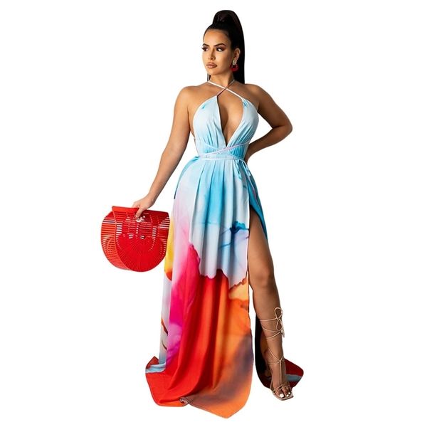 Summer Boho Print Long Party Dress Donna Elegante Halter senza maniche Maxi Sweet Girl Backless Scava fuori es Robe 210525