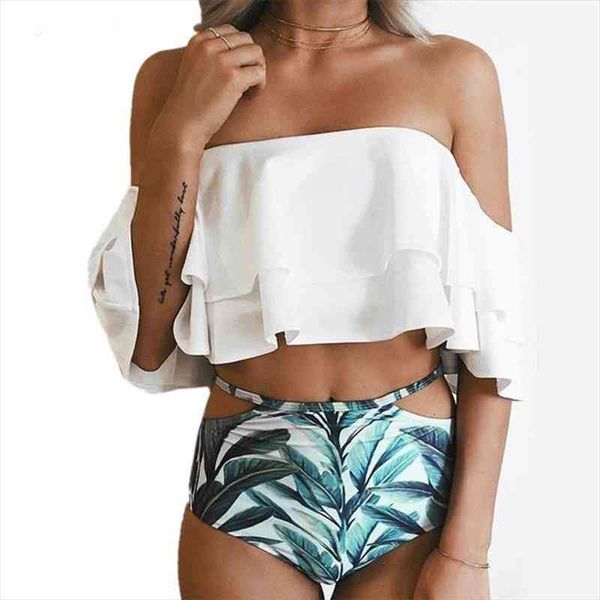 

bikini set doubledeck flouncing swimsuit push up bathing suit women high waist swimwear off shoulder swimming suits, White;black