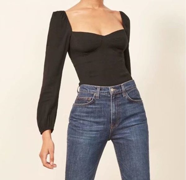 

2021 palace france retro long puff sleeve solid black shirt women slim waist short blouse cropped girls, White