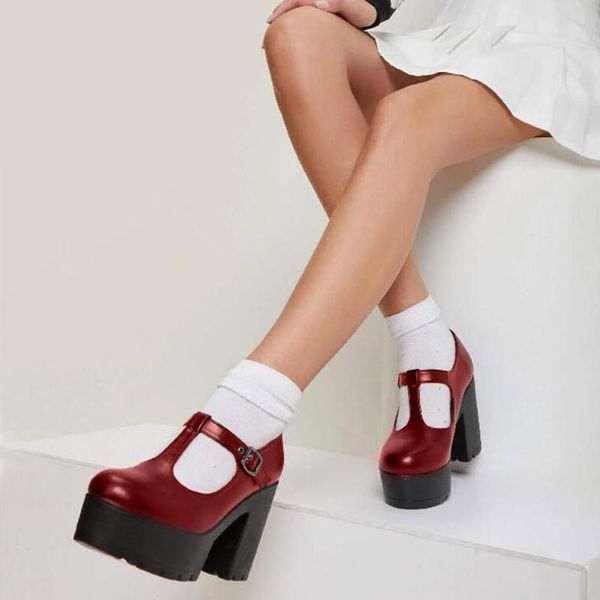 

dress shoes 2021 gothic style sweet black t-strap platform block heeled high-heeled woman pumps large size 46