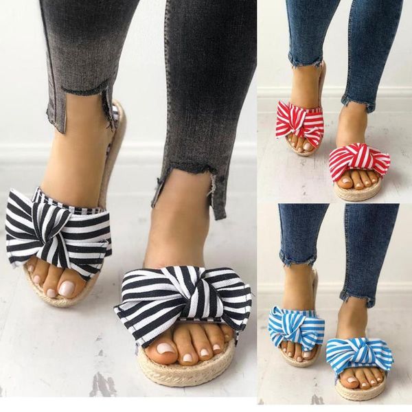 

slippers women flip flops 42 summer beach bow straw bottom sandals casual fashion cozy flat non-slip shoes, Black