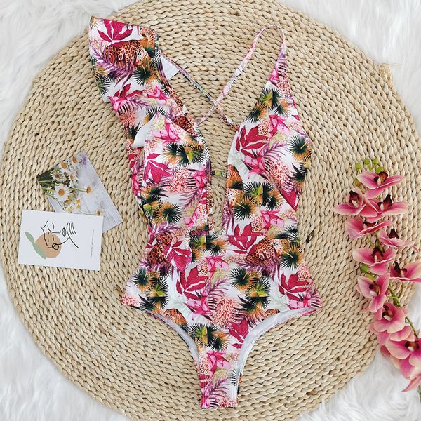 

New Bathing Suit 2021 Women One Piece Swinwear Swimwear and Beachwear Plus Size Swim Swimsuit with Asymmetric Print Shoulder Leaf, White;black