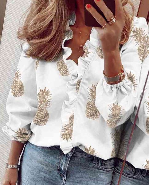 

ruffle solid summer spring womens shirts v neck long sleeve pineapple printed casual slim ladies, White