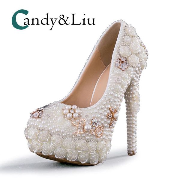 

dress shoes white pearl wedding large size beaded super high heel women pumps with platform for party banquet evening bridesmaid, Black