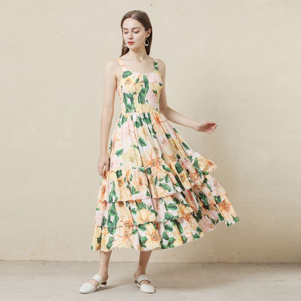 

long dress beach style summer new women's suspenders fashion elegant flowers print party cascading ruffles large skirt dresses yqws, Black;gray