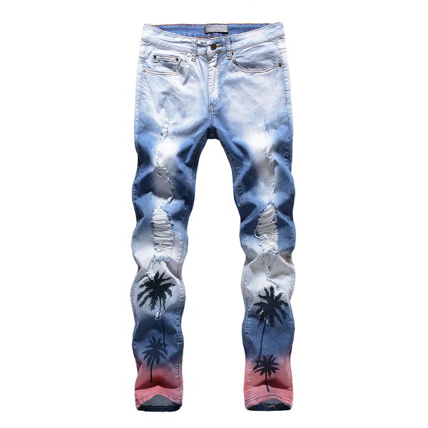

new male fashion palm print fitting fine anguished holes straining brim pants 579b, Blue