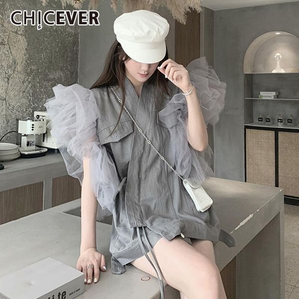 

women's jackets chicever gray patchwork mesh denim jacket for women lapel ruffle cuff straight loose spring 2021 fashion, Black;brown
