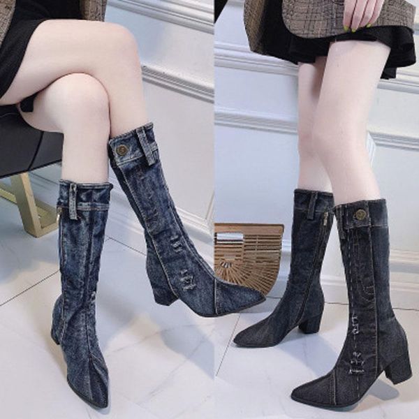 

boots ladies denim middle boot spring and winter fashion chunky plus size, Black